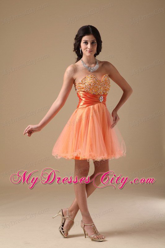 Orange A-line Sweetheart Mini-length Organza Beaded Prom Dress