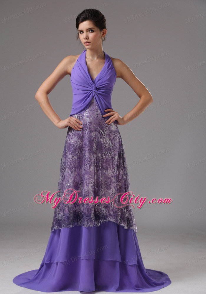 Pretty Chiffon Halter Ruching Court Train Purple Prom Dresses