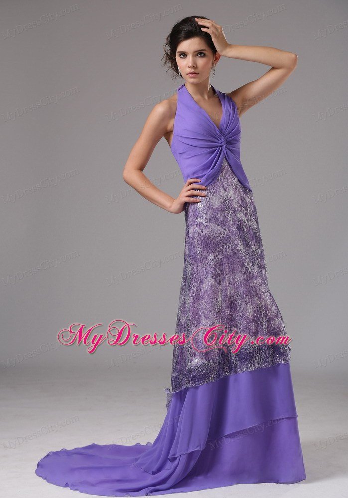 Pretty Chiffon Halter Ruching Court Train Purple Prom Dresses