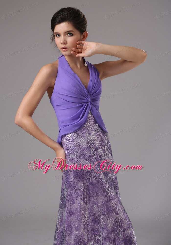 Pretty Chiffon Halter Ruching Court Train Purple Prom Dresses