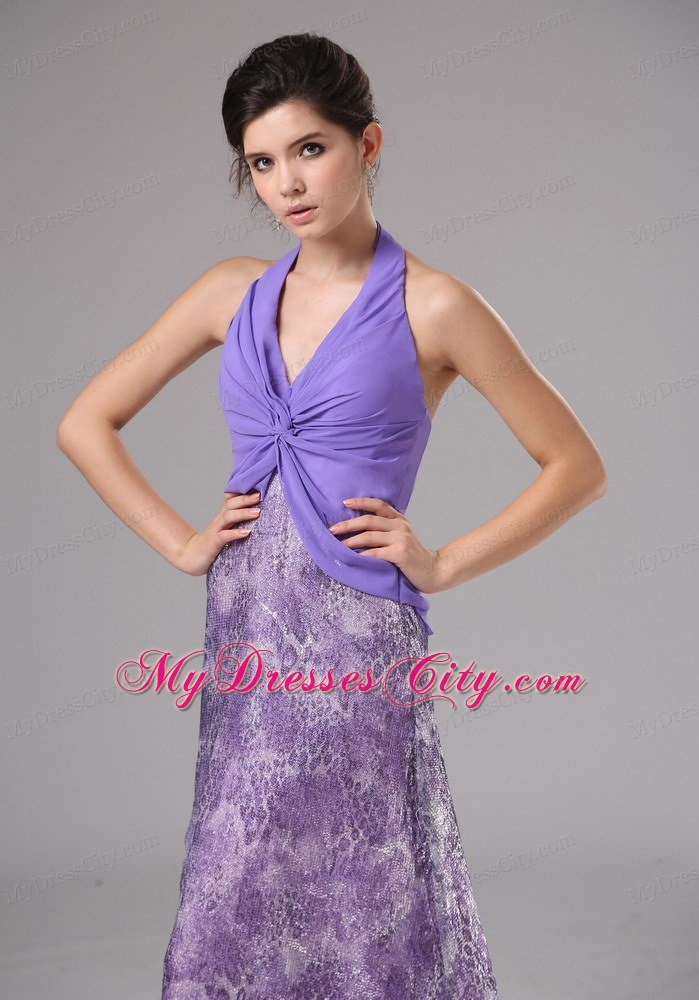 Pretty Chiffon Halter Ruching Court Train Purple Prom Dresses