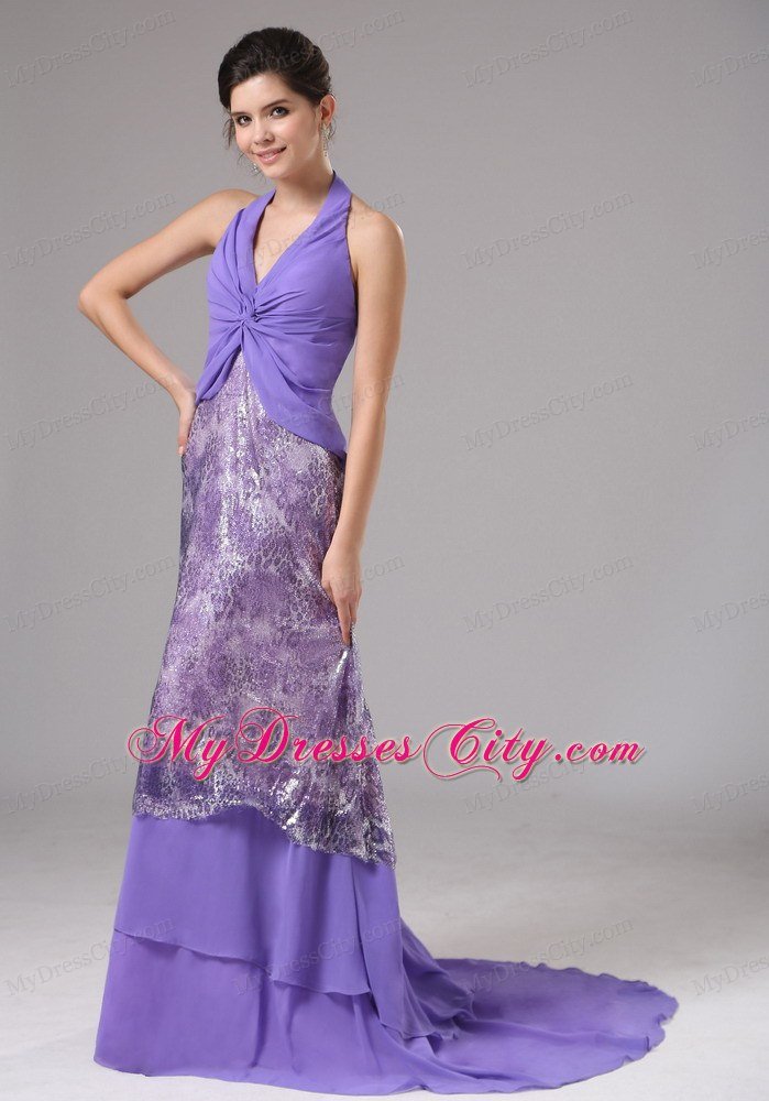 Pretty Chiffon Halter Ruching Court Train Purple Prom Dresses