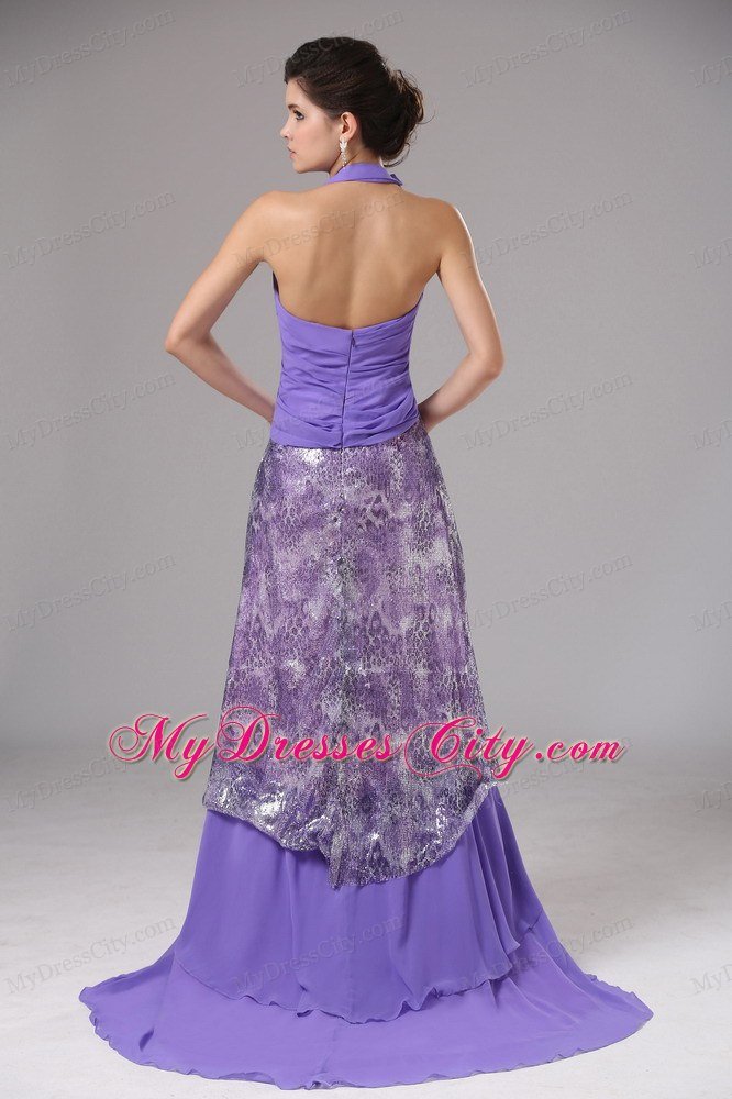 Pretty Chiffon Halter Ruching Court Train Purple Prom Dresses