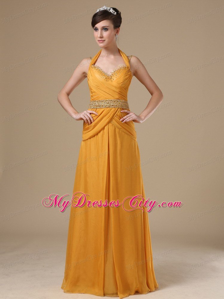 Halter Beaded Empire Ruching Gold Prom Dresses On Sale