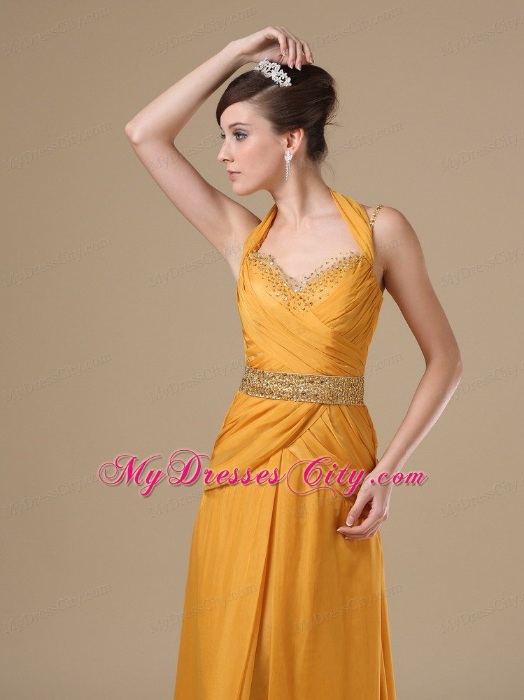 Halter Beaded Empire Ruching Gold Prom Dresses On Sale