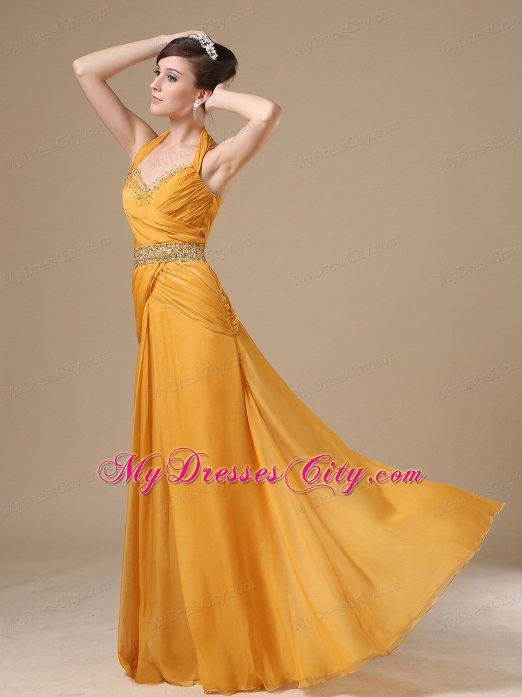 Halter Beaded Empire Ruching Gold Prom Dresses On Sale