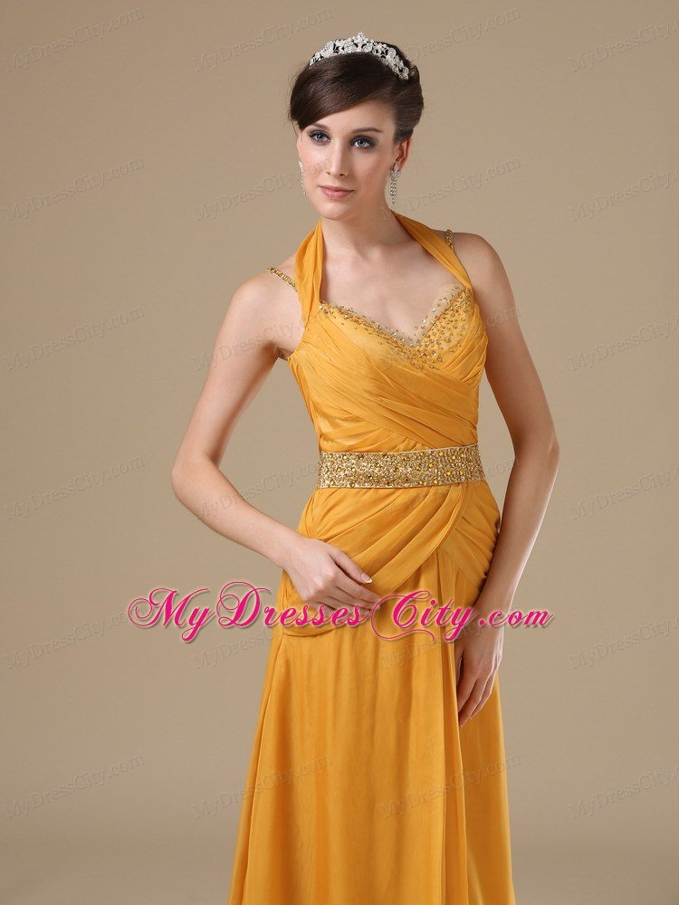 Halter Beaded Empire Ruching Gold Prom Dresses On Sale