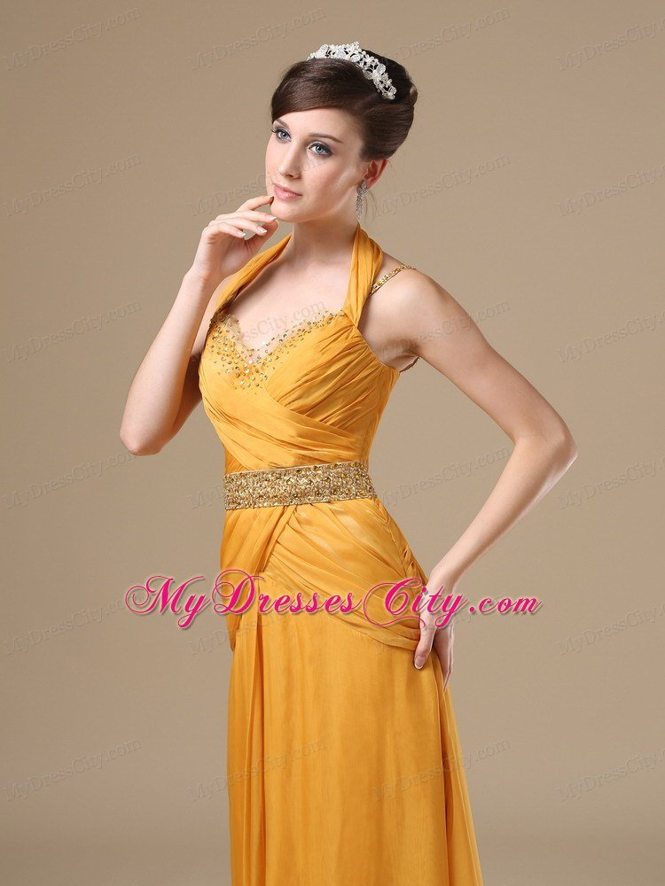 Halter Beaded Empire Ruching Gold Prom Dresses On Sale