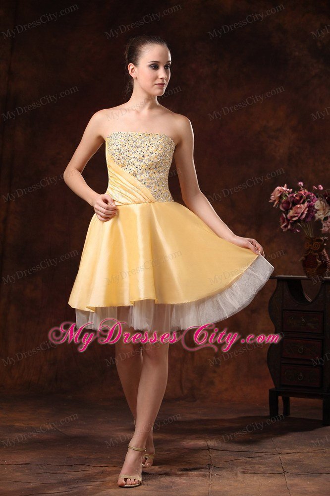 Beaded Strapless Ruching Gold Short Prom Dress for Girls