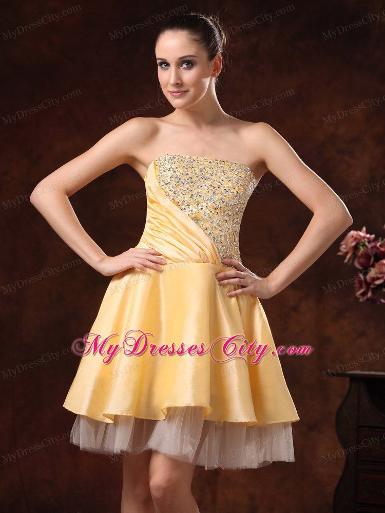 Beaded Strapless Ruching Gold Short Prom Dress for Girls