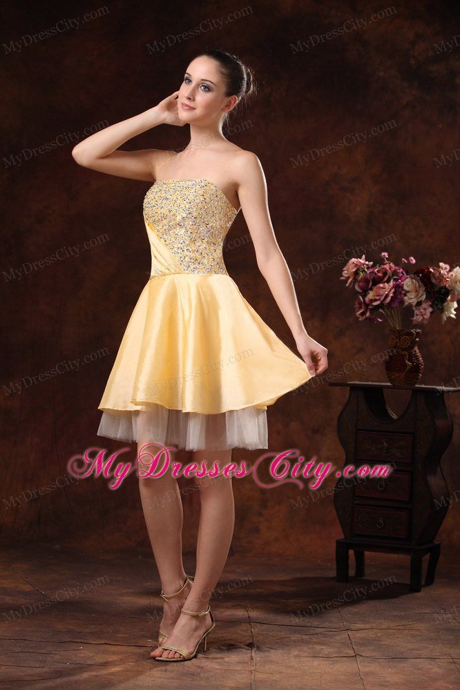 Beaded Strapless Ruching Gold Short Prom Dress for Girls