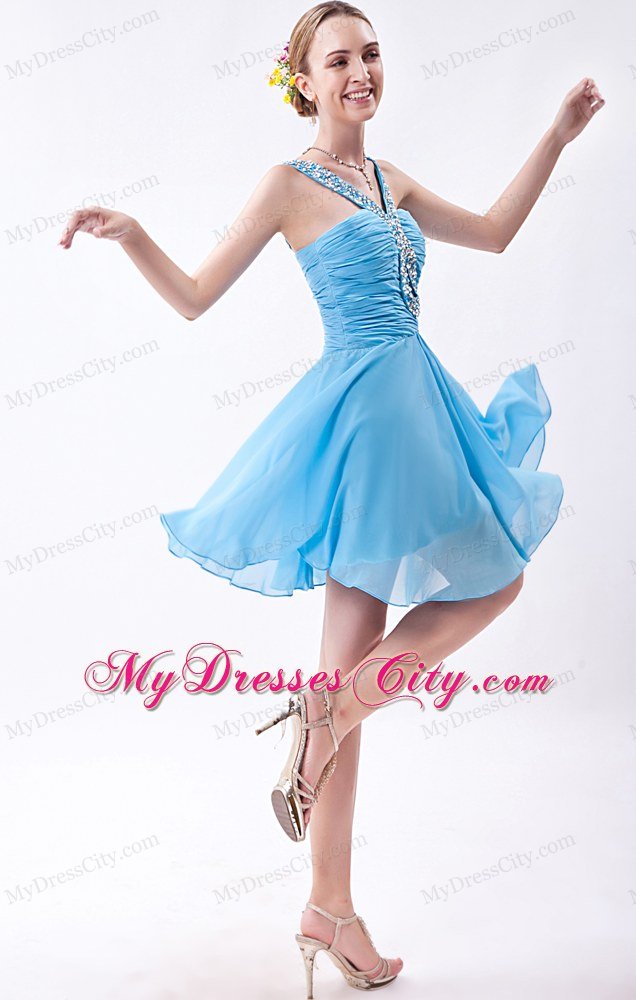 Empire V-neck Beaded Chiffon Short Baby Blue Prom Dresses