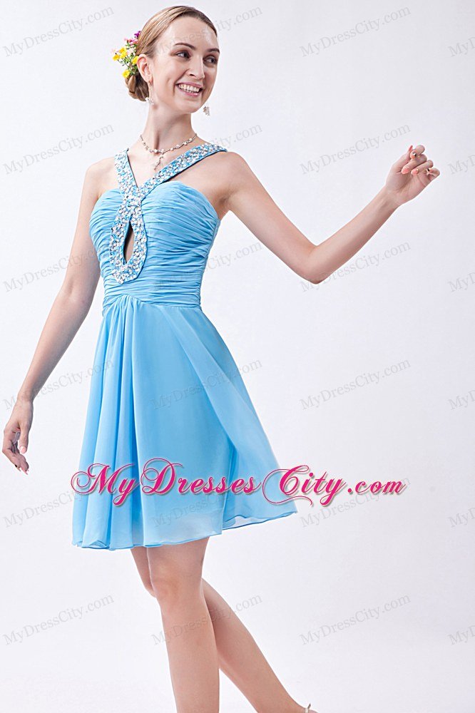 Empire V-neck Beaded Chiffon Short Baby Blue Prom Dresses