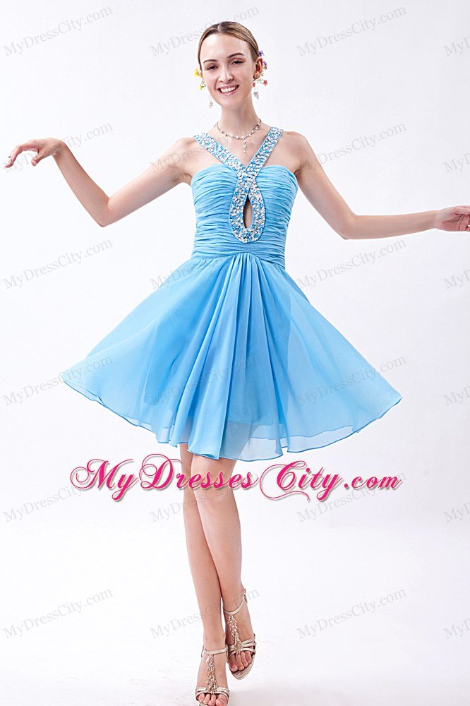 Empire V-neck Beaded Chiffon Short Baby Blue Prom Dresses