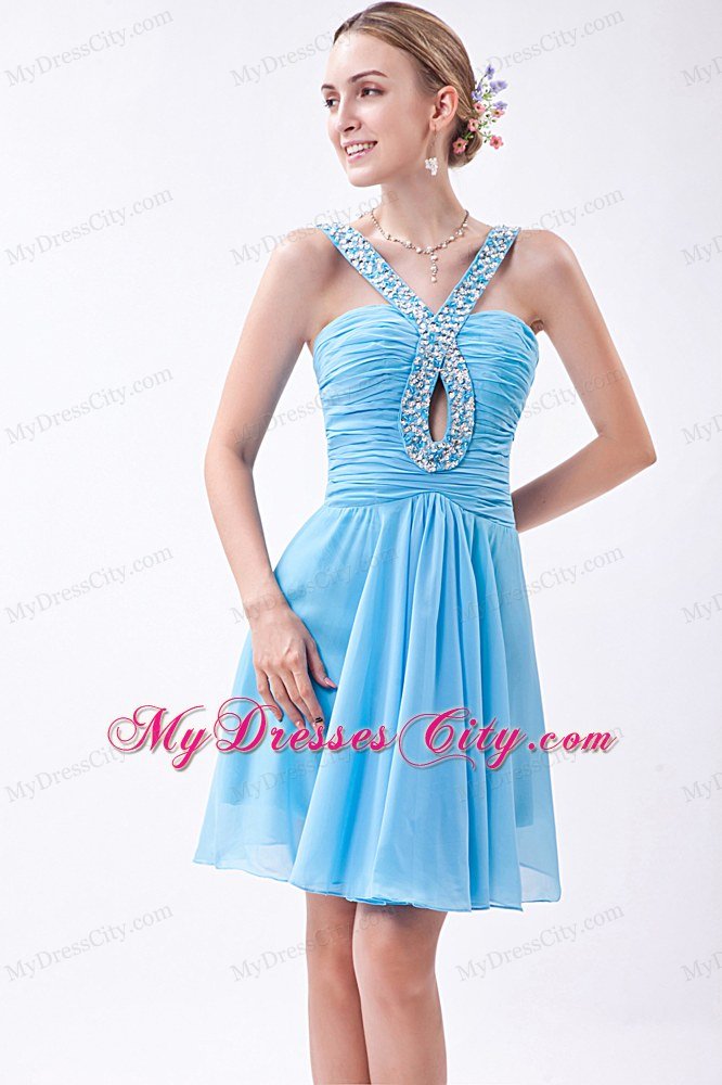 Empire V-neck Beaded Chiffon Short Baby Blue Prom Dresses