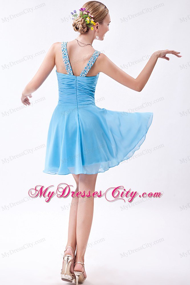 Empire V-neck Beaded Chiffon Short Baby Blue Prom Dresses