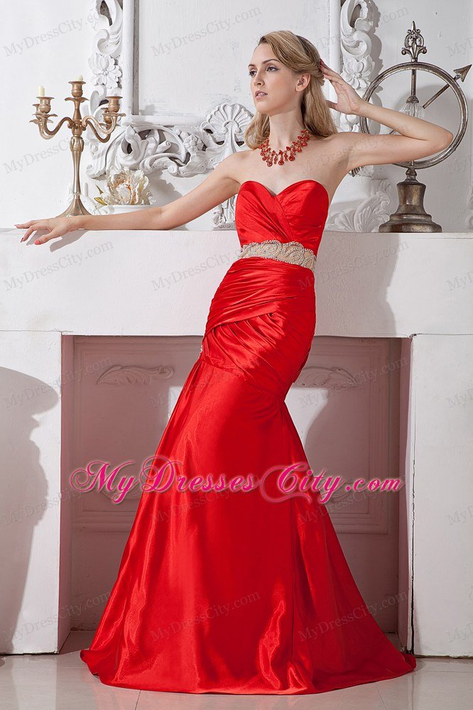 Sweetheart Beaded Mermaid Belt Elegant Red Prom Dress 2013