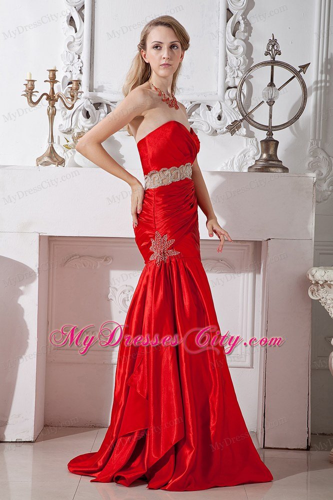 Sweetheart Beaded Mermaid Belt Elegant Red Prom Dress 2013