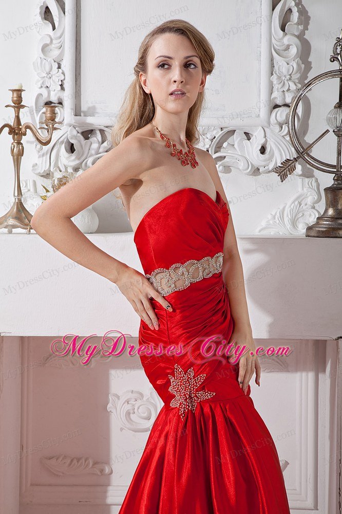 Sweetheart Beaded Mermaid Belt Elegant Red Prom Dress 2013