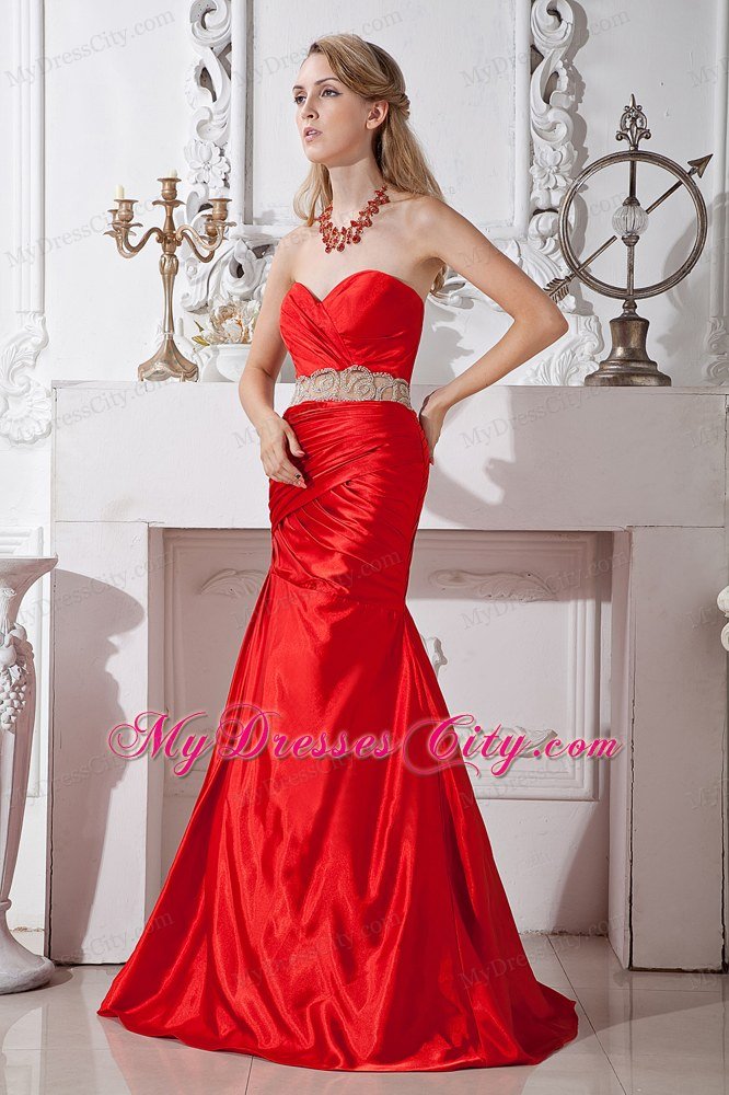 Sweetheart Beaded Mermaid Belt Elegant Red Prom Dress 2013