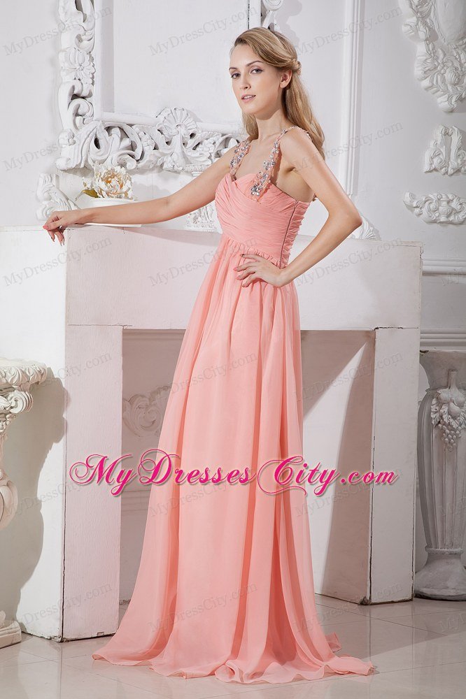 Beaded Straps Ruching Watermelon Brush Train Chiffon Prom Dresses