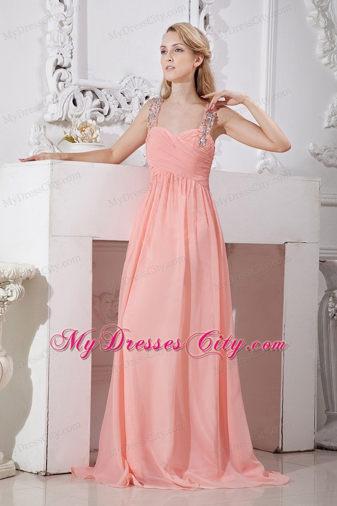 Beaded Straps Ruching Watermelon Brush Train Chiffon Prom Dresses