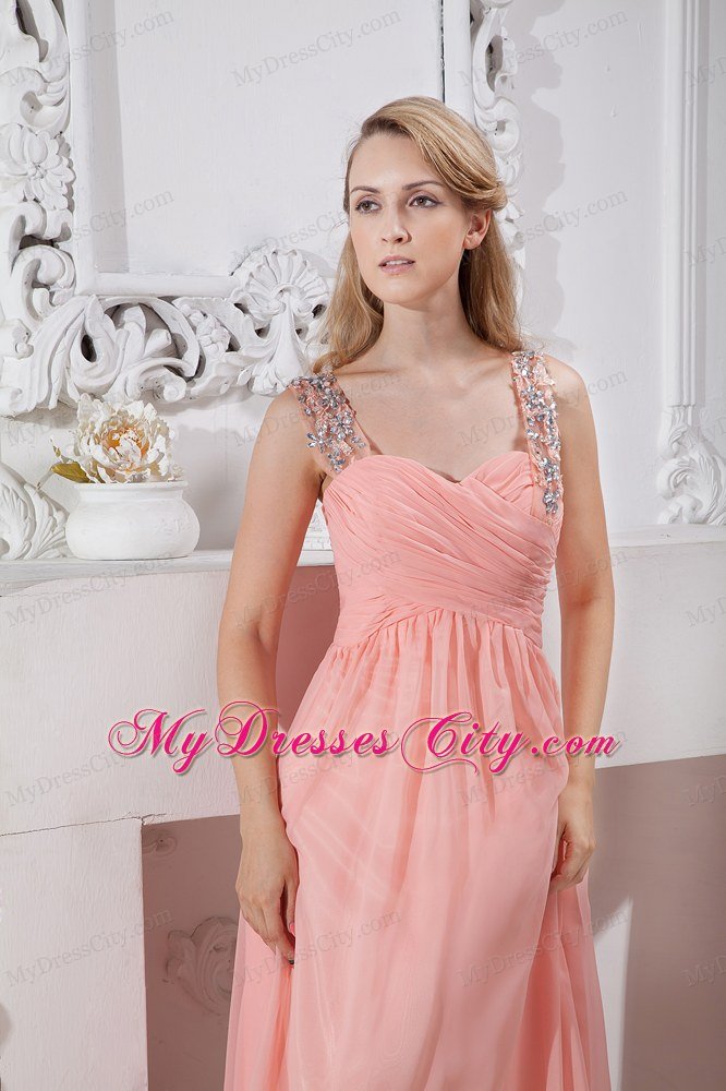 Beaded Straps Ruching Watermelon Brush Train Chiffon Prom Dresses