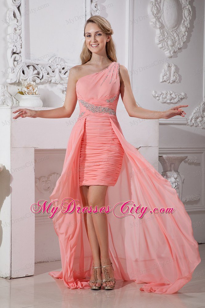 High-low Ruched One Shoulder Chiffon Beading Watermelon Prom Dress