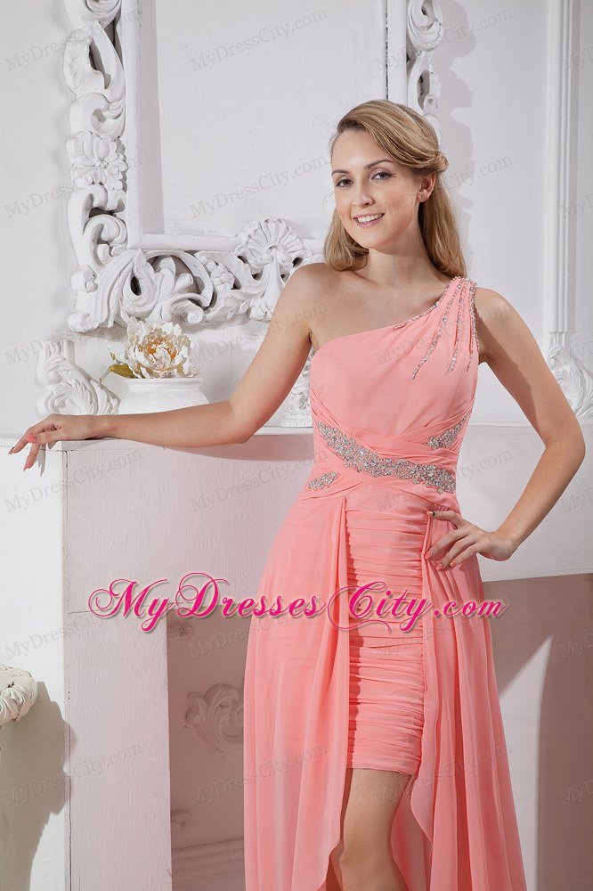 High-low Ruched One Shoulder Chiffon Beading Watermelon Prom Dress