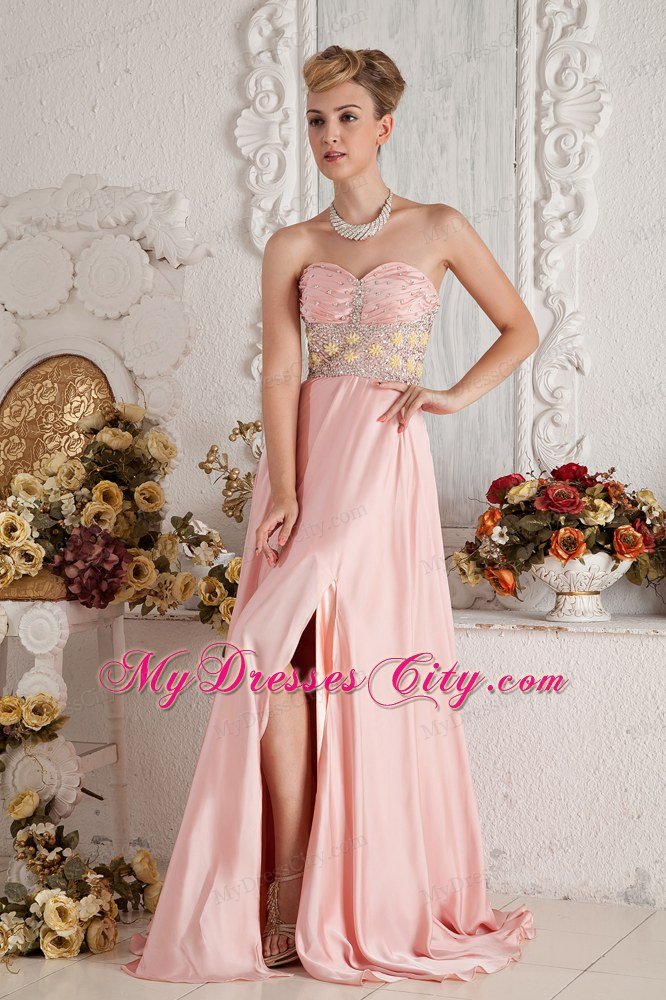 Baby Pink High Slit Sweetheart Beading Prom Dress with Brush Train