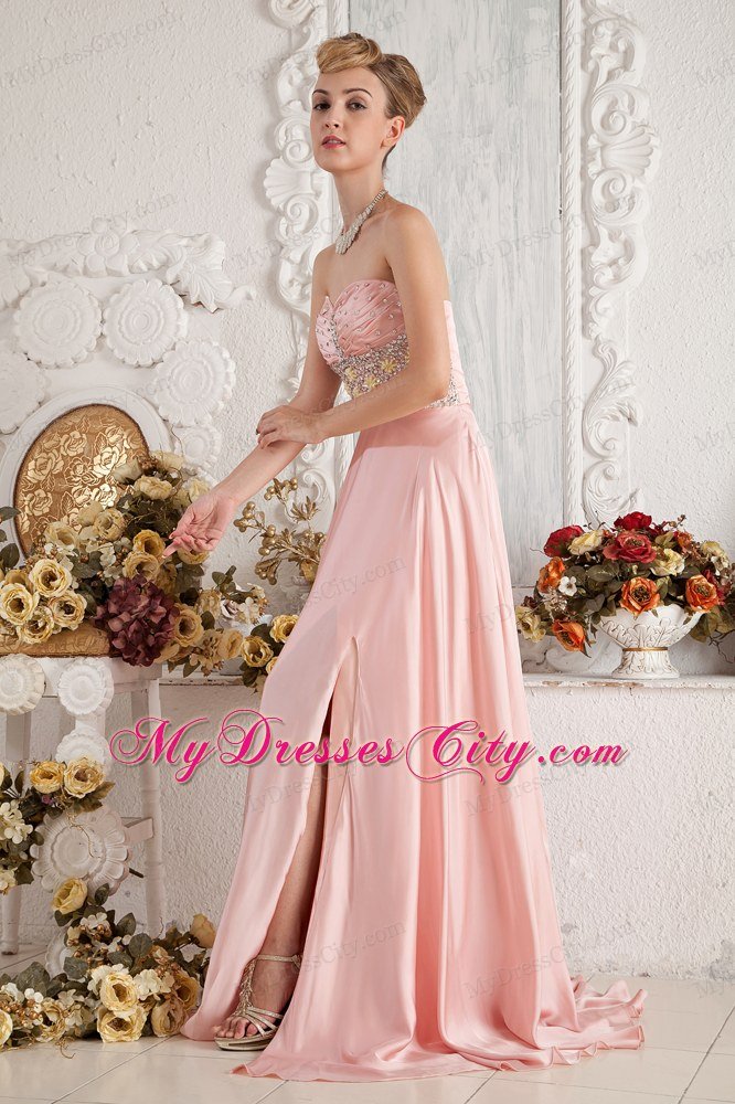 Baby Pink High Slit Sweetheart Beading Prom Dress with Brush Train