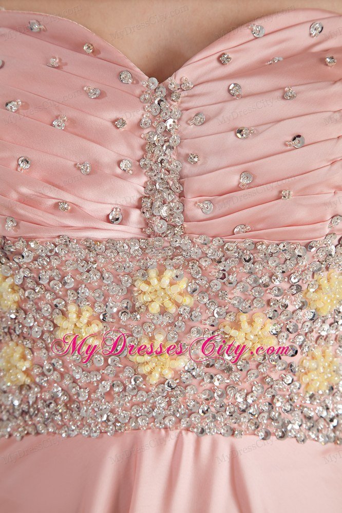 Baby Pink High Slit Sweetheart Beading Prom Dress with Brush Train