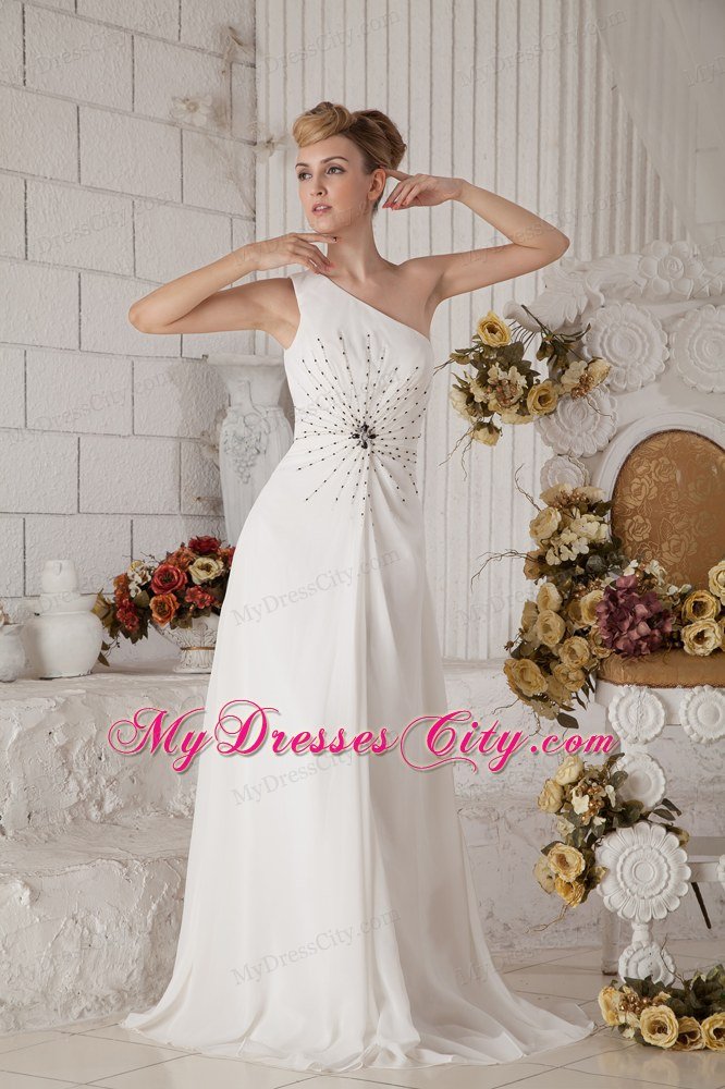 Single Shoulder Brush Train Chiffon Beading White Prom Dress