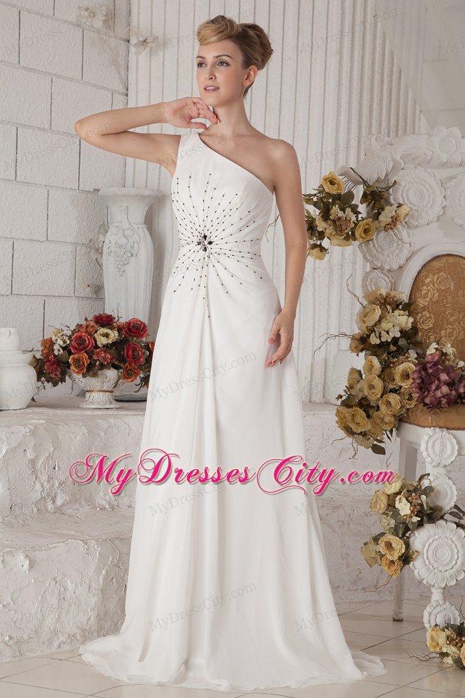 Single Shoulder Brush Train Chiffon Beading White Prom Dress