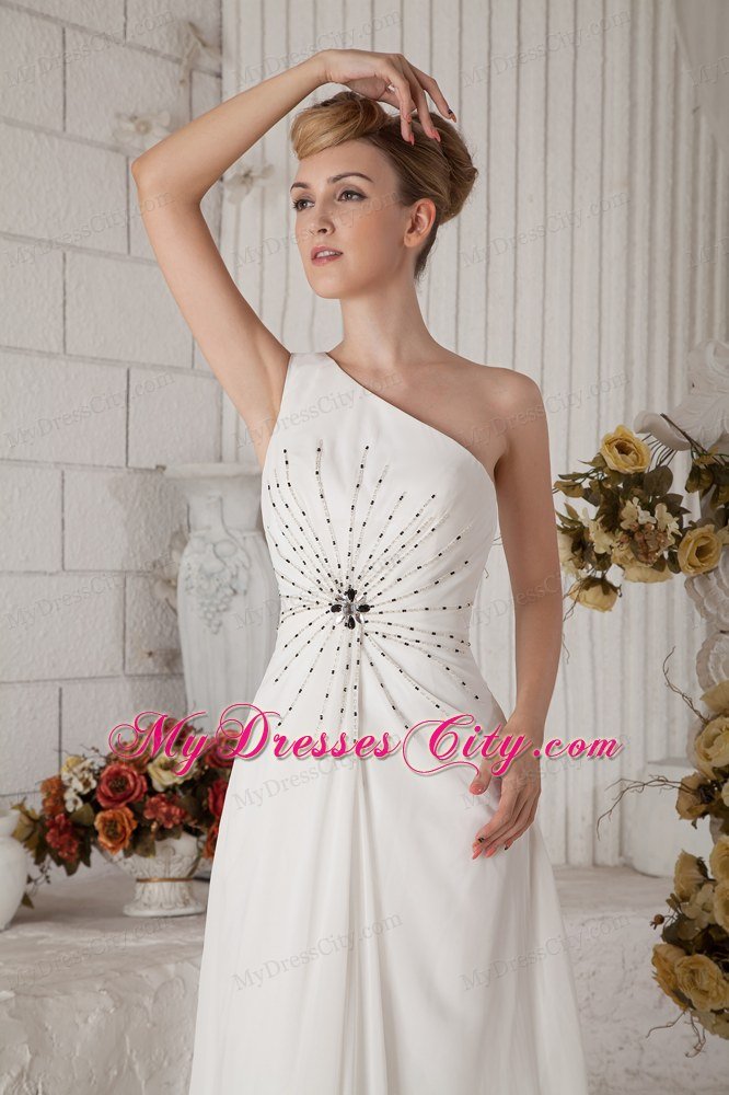 Single Shoulder Brush Train Chiffon Beading White Prom Dress