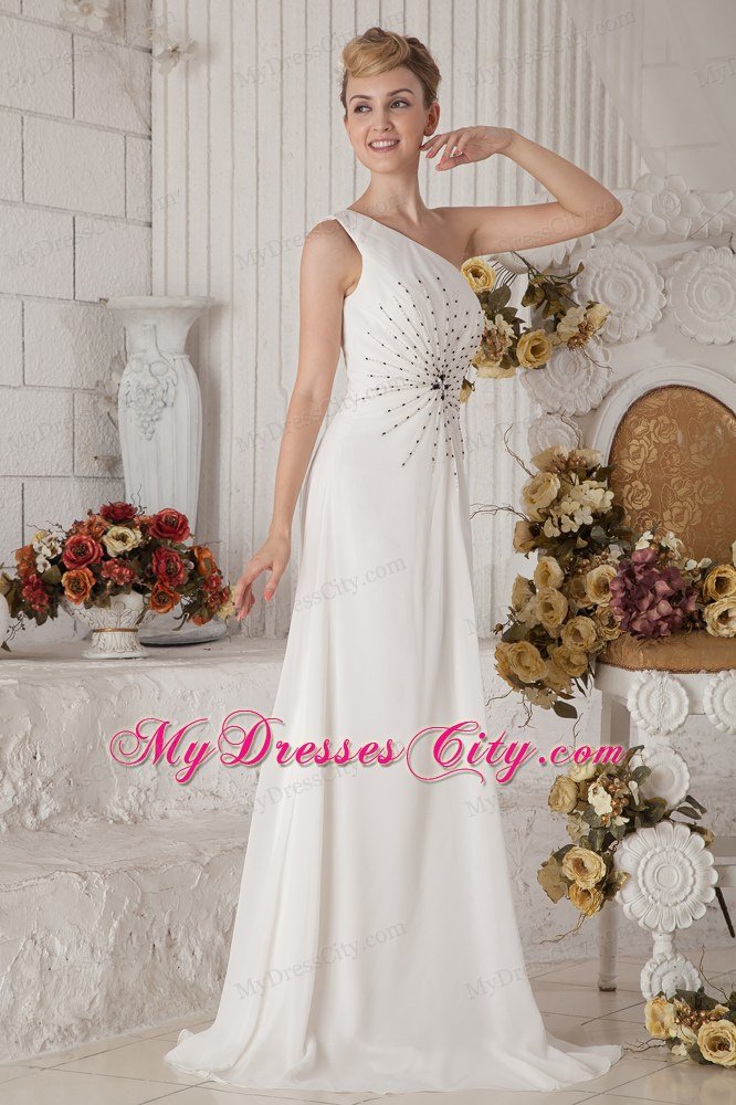 Single Shoulder Brush Train Chiffon Beading White Prom Dress