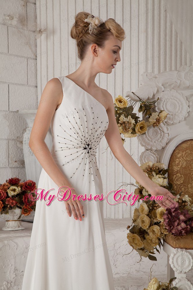 Single Shoulder Brush Train Chiffon Beading White Prom Dress