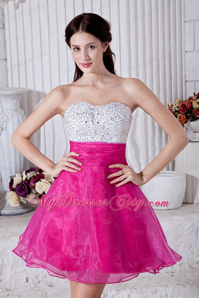 Sweetheart Organza Beading Mini-length Hot Pink Short Prom Dress