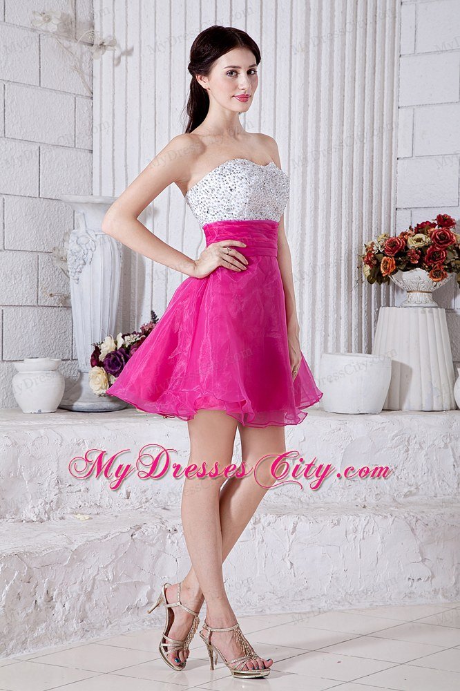 Sweetheart Organza Beading Mini-length Hot Pink Short Prom Dress