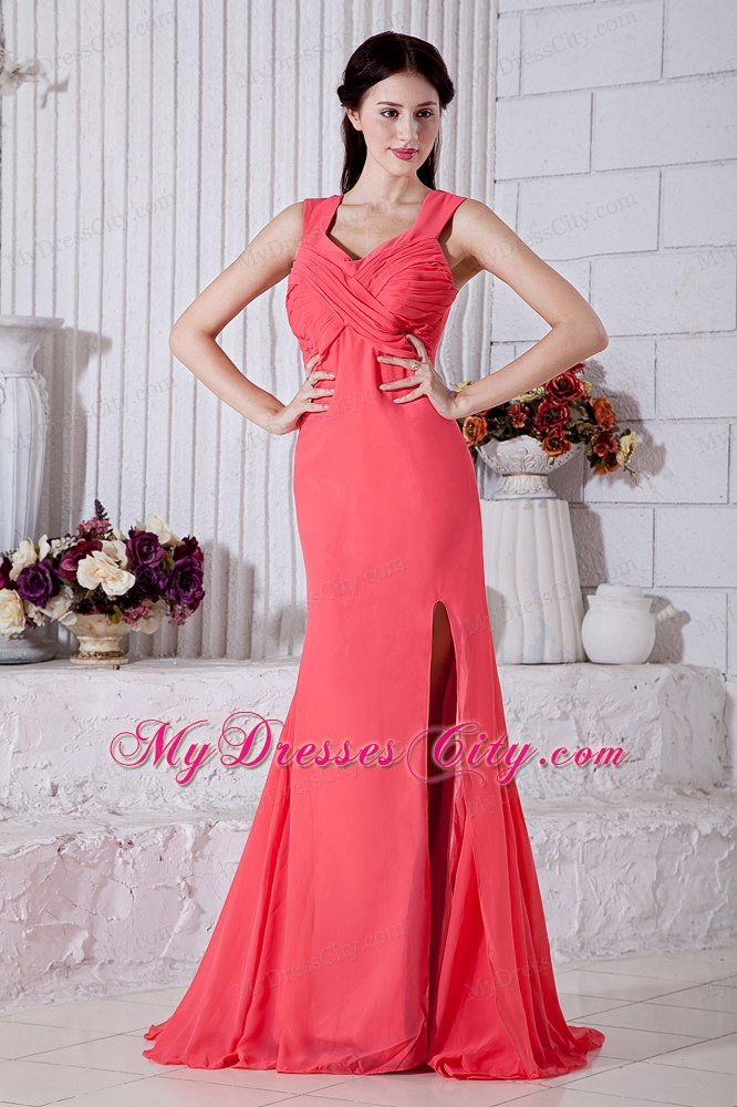 Ruched Chiffon Straps Watermelon Prom Dress with Brush Train