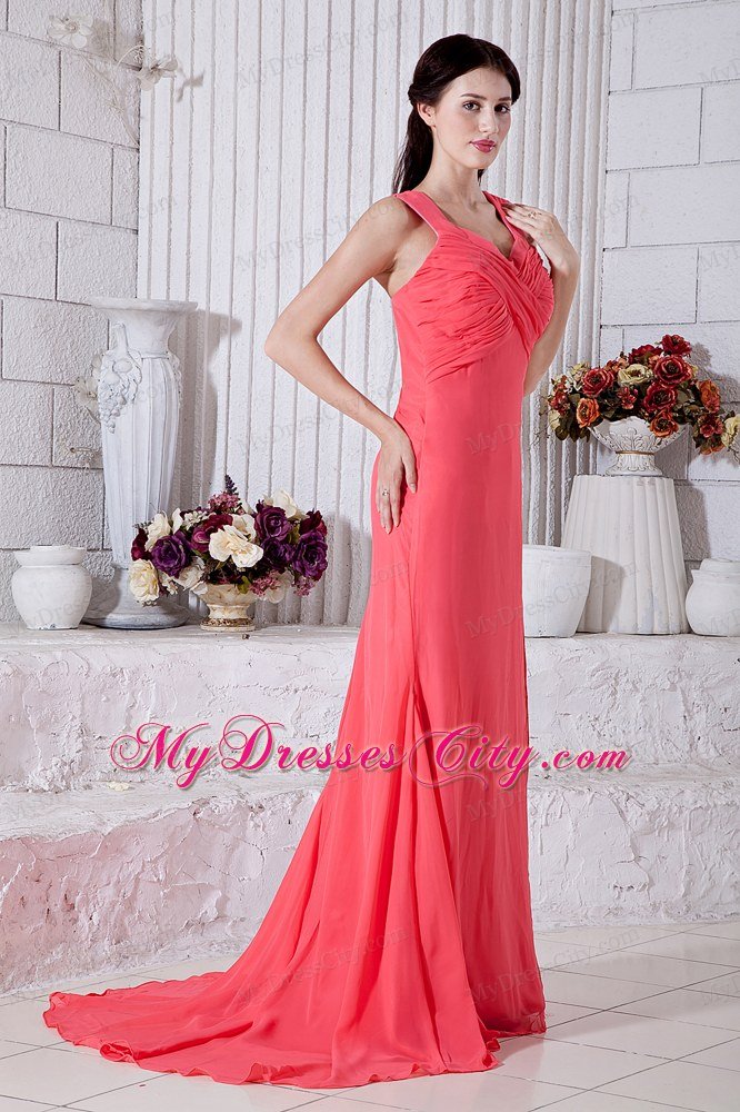 Ruched Chiffon Straps Watermelon Prom Dress with Brush Train