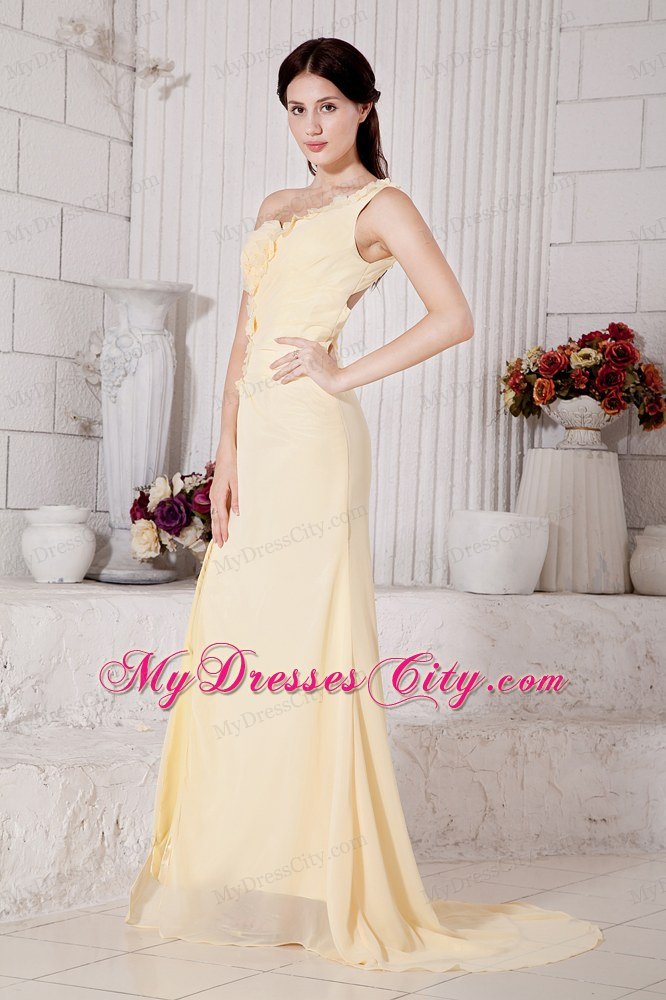 One Shoulder Column Flowers Brush Train Light Yellow Prom Dress