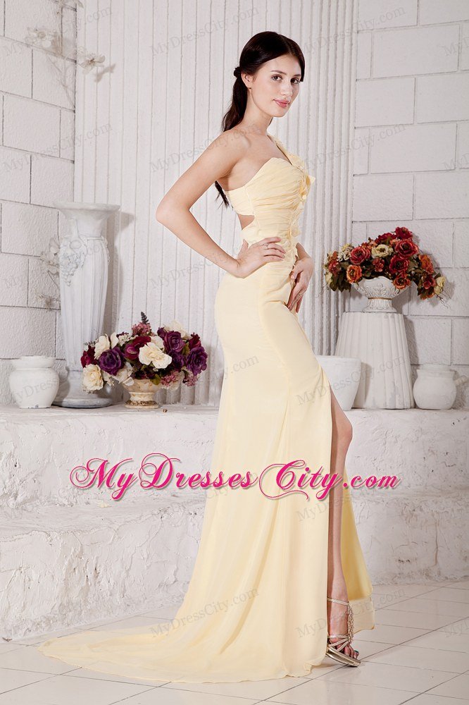 One Shoulder Column Flowers Brush Train Light Yellow Prom Dress