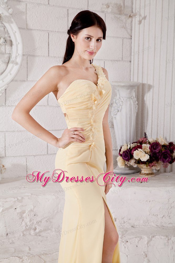 One Shoulder Column Flowers Brush Train Light Yellow Prom Dress