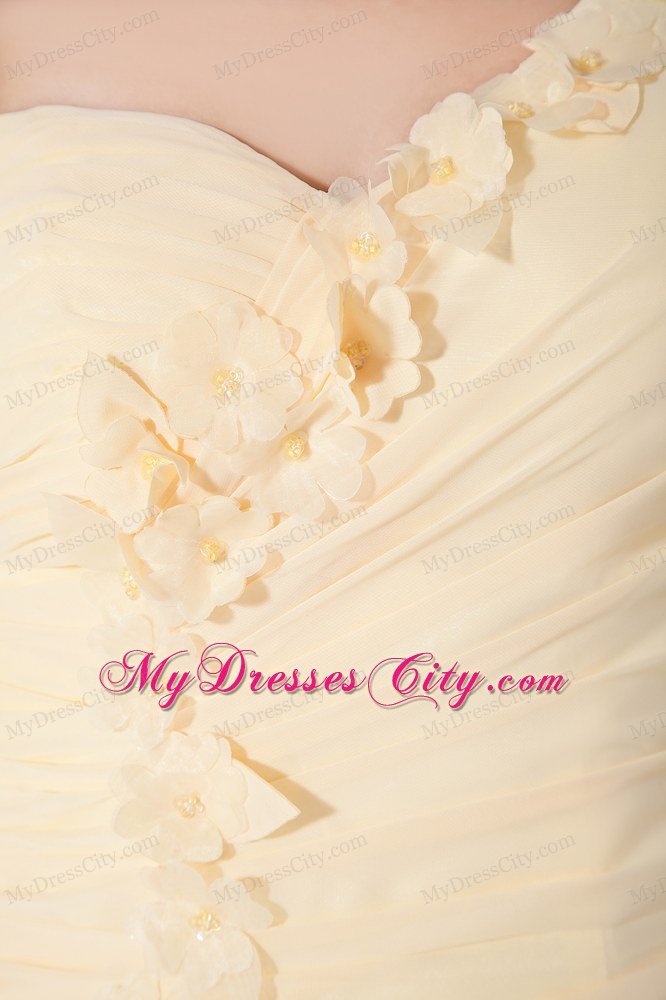 One Shoulder Column Flowers Brush Train Light Yellow Prom Dress