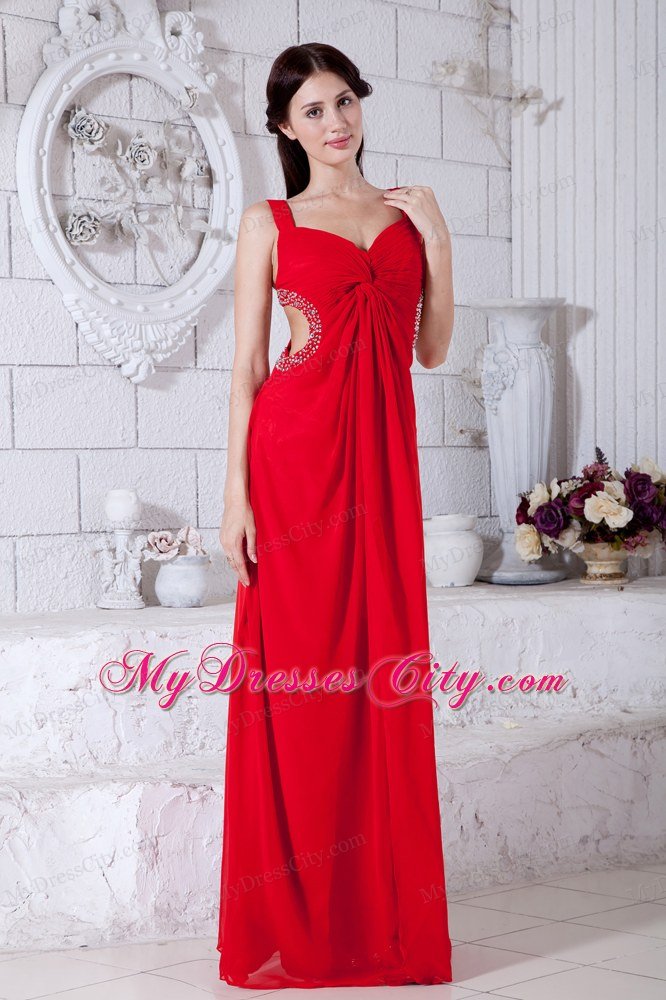 Sexy Chiffon Beading Red Prom Dresses with Side Cut Out