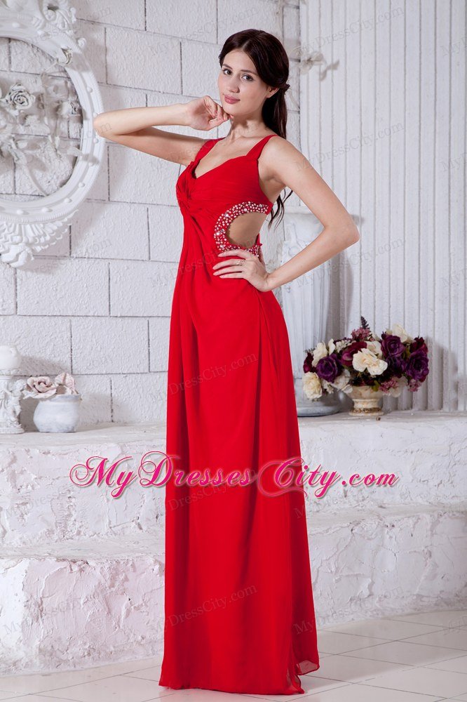 Sexy Chiffon Beading Red Prom Dresses with Side Cut Out