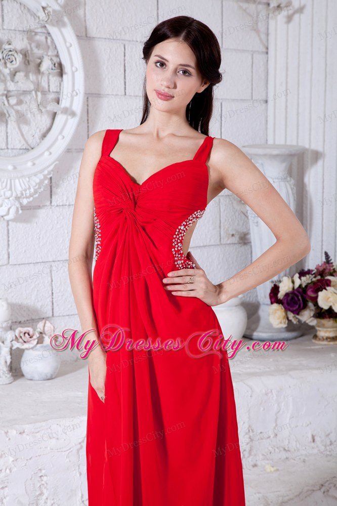 Sexy Chiffon Beading Red Prom Dresses with Side Cut Out