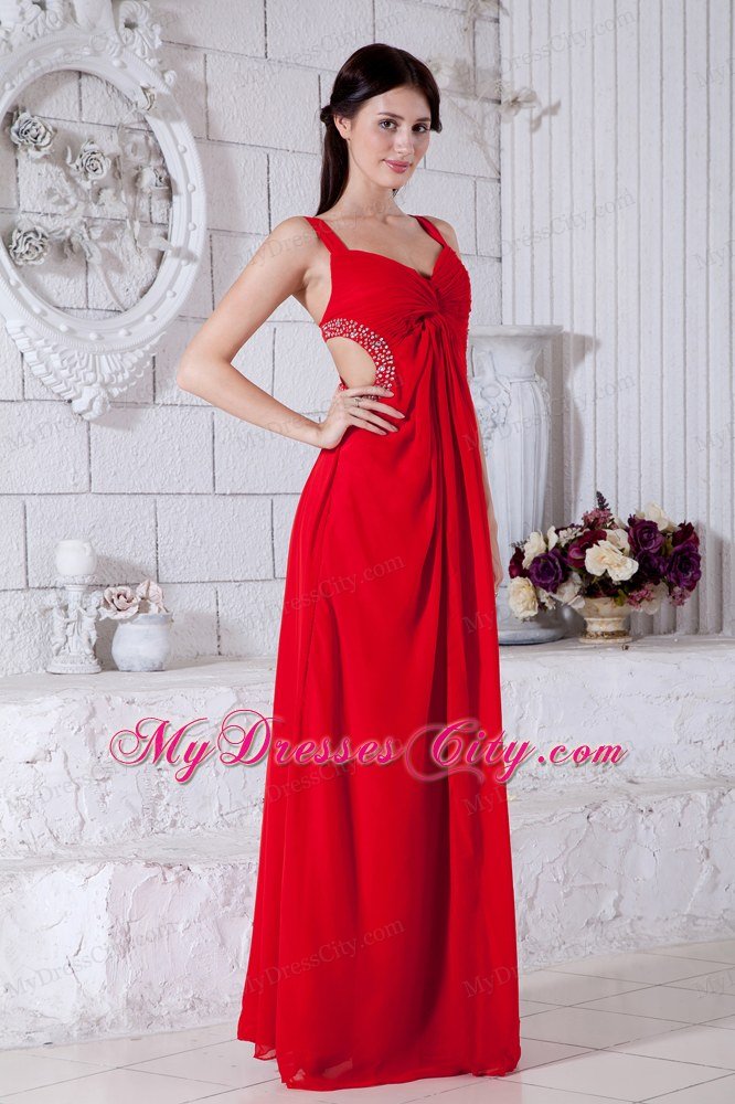 Sexy Chiffon Beading Red Prom Dresses with Side Cut Out