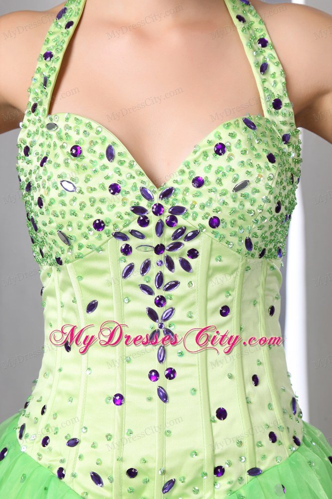 Satin and Organza Beading A-line Halter Spring Green Prom Dress